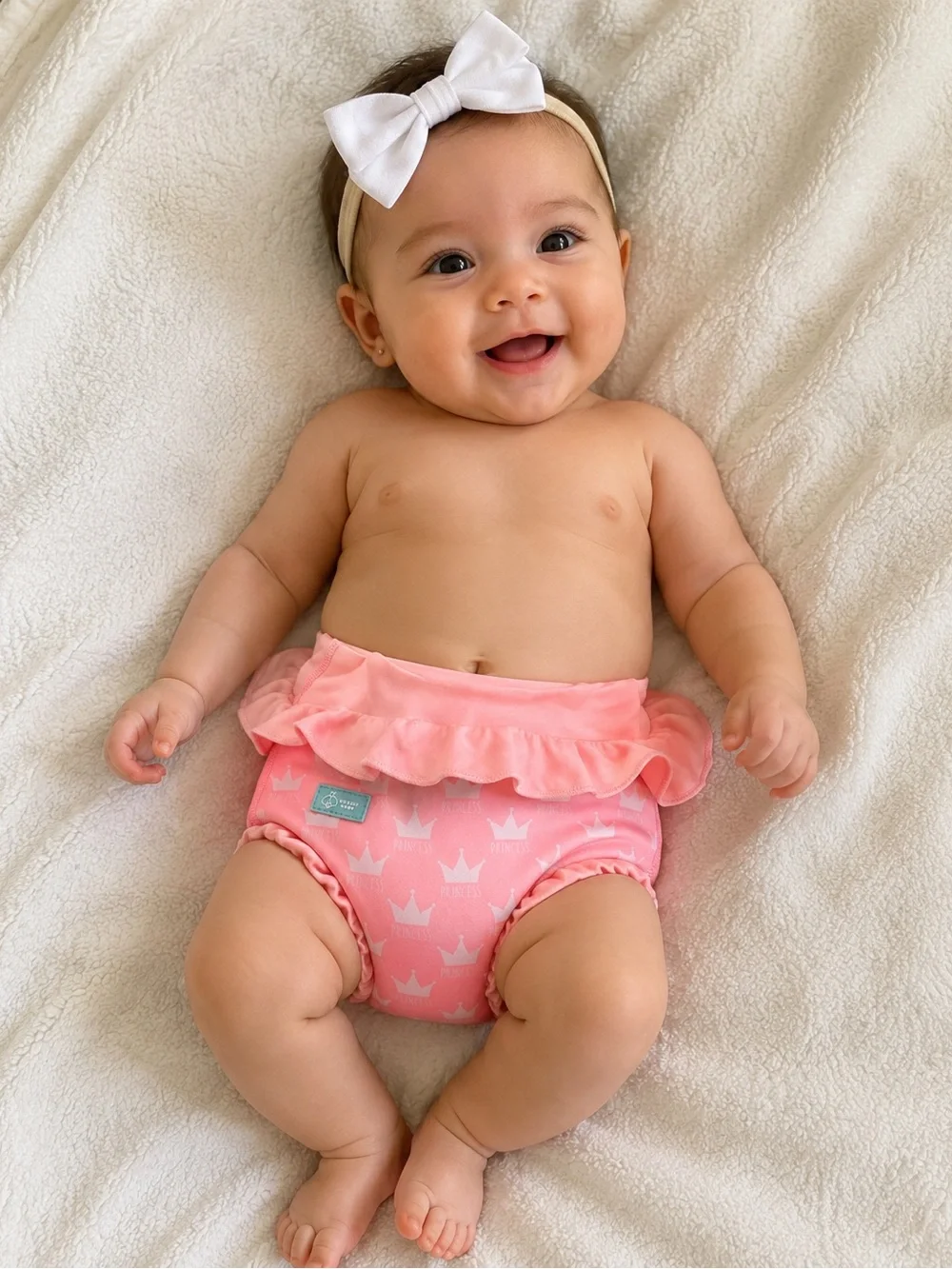Baby Pink Ruffle Swim Diaper - Soft Crown Print